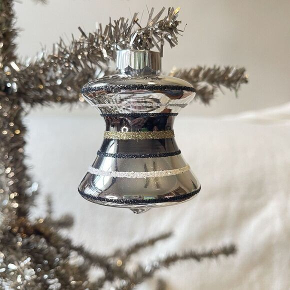 Radko Shiny Brite Glitter Striped Ornament‎ Lantern UFO Black Gold Halloween Mcm - Picture 1 of 3